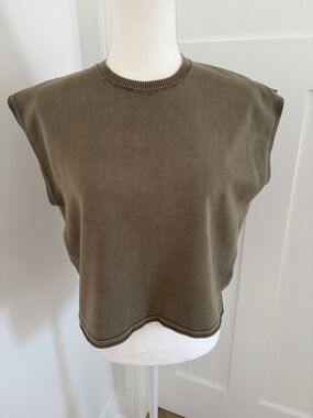 Osklen Womens Knit Sweater Blouse Khaki Green Cap Sleeve 100% Cotton Sz M*V18